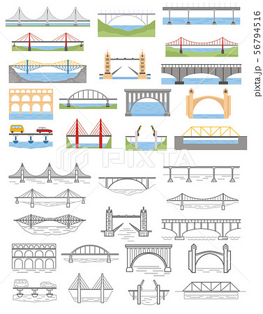Types of bridges set. Color and linear graphic 56794516