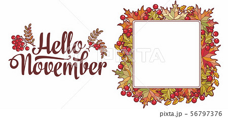 Hello November Lettering Phrase Text Autumn Leavesのイラスト素材