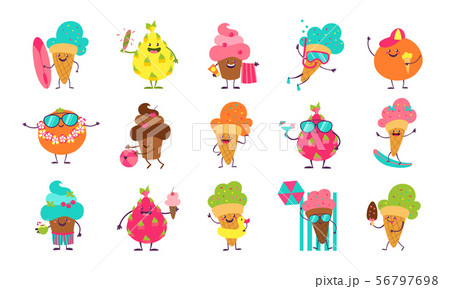 Summer ice cream stickers. Funny doodle desserts and fruits with cute faces doing summer activities 56797698