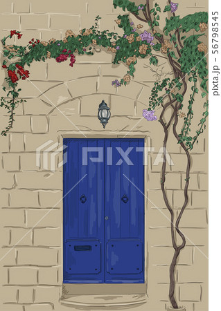 Hand drawn blue door with lamp. Stone wall with climbing tree. Home stone porch Hand drawn blue door with lamp. Stone wall with climbing tree. Home stone porch 56798545