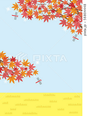 赤とんぼともみじのある秋の田舎の風景のイラスト 空と田園 縦長の書式で横書き用のイラスト素材