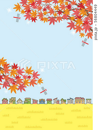 赤とんぼともみじのある秋の田舎の風景のイラスト 家の並びと空と田園 縦長の書式で横書き用のイラスト素材