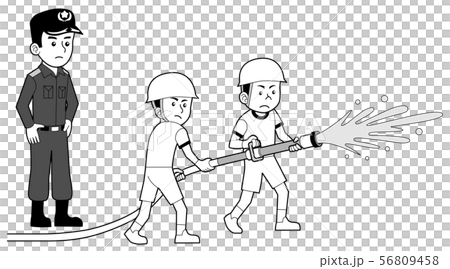 Boys and firefighters doing water discharge training 56809458