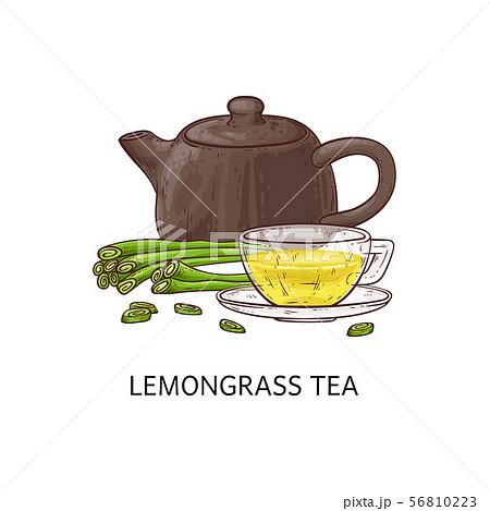 Lemongrass yellow tea concept with clay and ceramic teapot and glass cup. 56810223