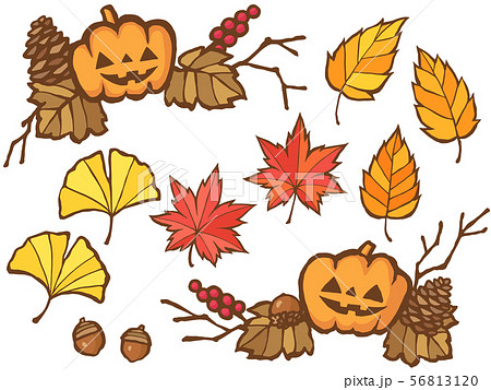 ハロウィンのかぼちゃと秋の紅葉 切り絵風イラストセットのイラスト素材