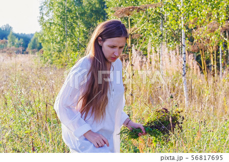 Girl collects wild flowers and herbs 56817695