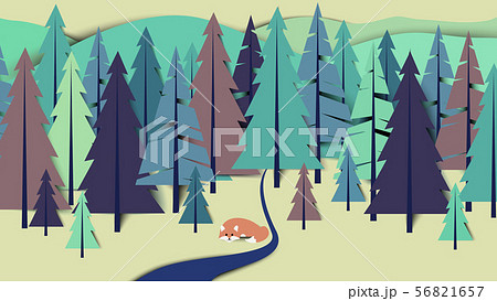 Fox lay down beside the river in pine forest 56821657