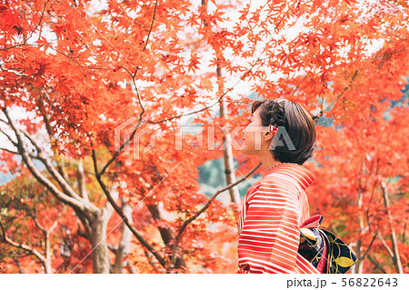 紅葉と着物の女性の写真素材