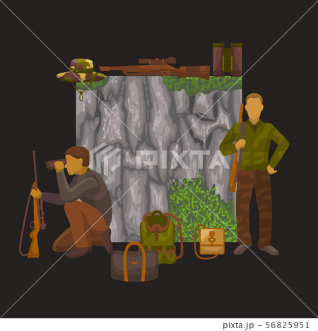 Hunting banner vector illustration. Hunters with guns, camuflage backpacks and binoculars .Two man Hunting banner vector illustration. Hunters with guns, camuflage backpacks and binoculars .Two man 56825951
