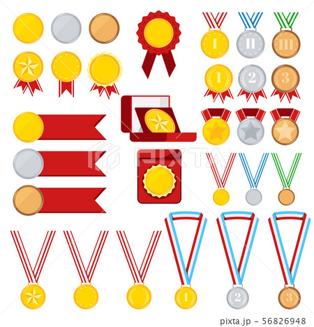 Medals set isolated on white background: golden, silver, bronze medal with red, stripped, blue 56826948