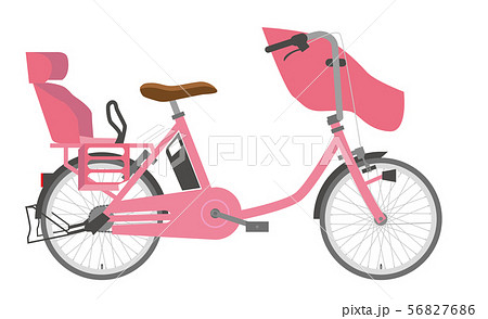 電動アシスト自転車のイラスト ピンク｜三人乗り・横向き｜ママチャリ