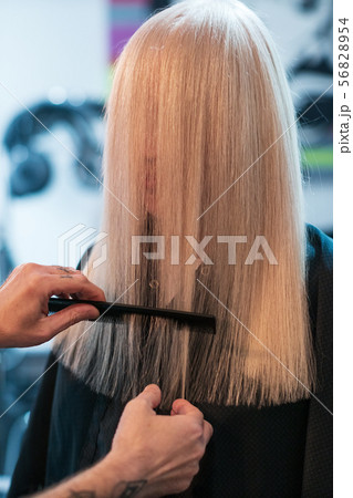 Hairdresser trimming hair with scissors 56828954