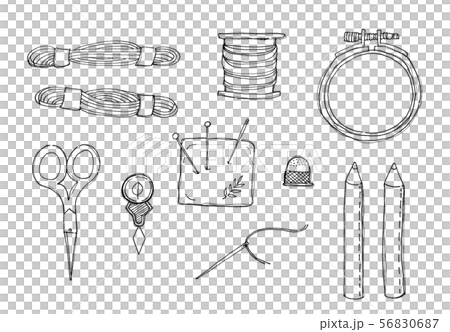 Set of different embroidery supplies on grey background Stock