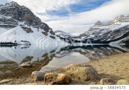 Bow Lake with Rocky mountain reflection in Banff 56834575