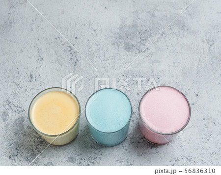 blue spirulina, yellow turmeric, pink beetroot latte 56836310