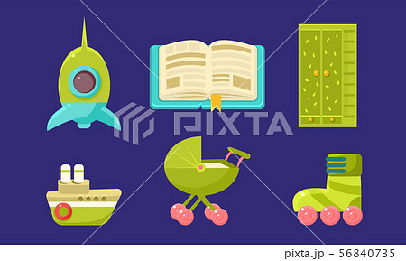Kid Toys and Baby Care Supplies Set, Child Belongings, Rocket, Book, Cupboard, Toy Boat, Stroller 56840735