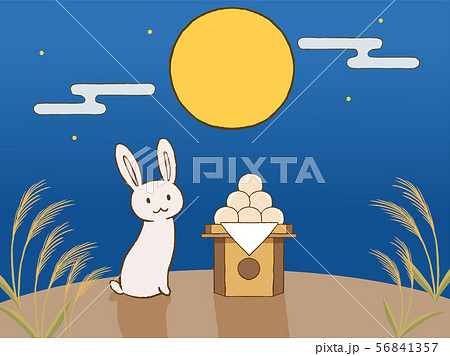 お月見を楽しむかわいいウサギ 通常のお餅のイラスト素材