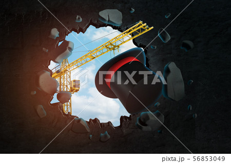 3d rendering of hoisting crane carrying tophat with red ribbon which is breaking through black wall 56853049