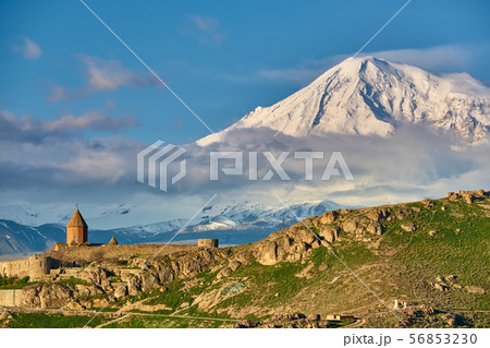 Ancient monastery in front of mountain 56853230