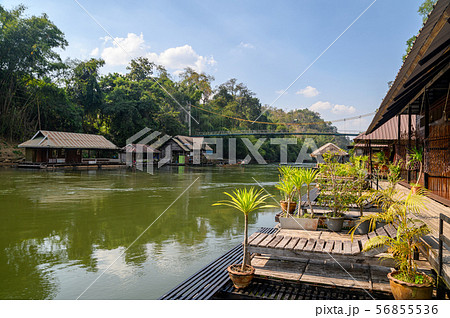 Wooden raft resort on river kwai waterside in 56855536