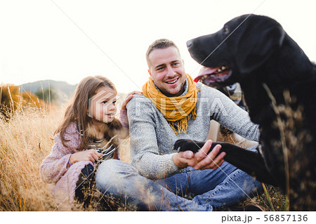 Father with small daughter and a dog sitting on grass in autumn nature. 56857136