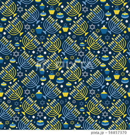 Happy Hanukkah print Background with Menorah, David Star and . Seamless pattern on dark. 56857370