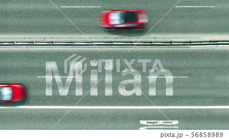 Top down view of the highway with revealing Milan text. Driving in Italy 3D rendering 56858989