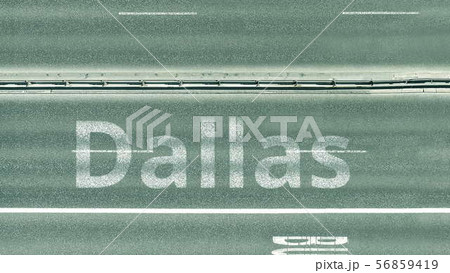 Top down view of the highway with revealing Dallas text. Driving in the United States 3D rendering 56859419