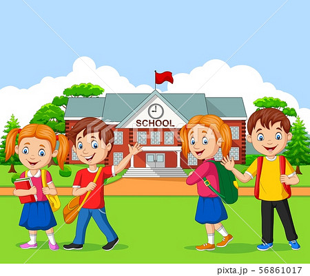 Happy school children in front of the school - Stock Illustration  [56861017] - PIXTA