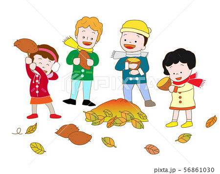 落ち葉の掃除で焼き芋を食べる子供たちのイラスト素材