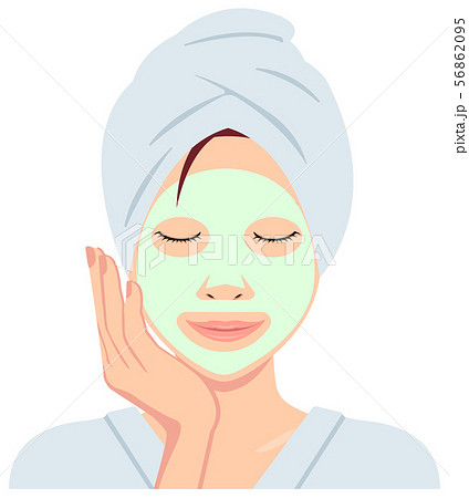 若い日本人女性 風呂上がり バスタイム 上半身イラスト フェイスパック シートマスクのイラスト素材