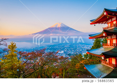 Beautiful landscape of mountain fuji with chureito pagoda around maple leaf tree in autumn season Beautiful landscape of mountain fuji with chureito pagoda around maple leaf tree in autumn season 56863565