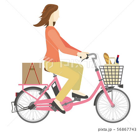 電動アシスト自転車に乗る女性のイラスト・買い物風景｜インフォグラフィック 56867743