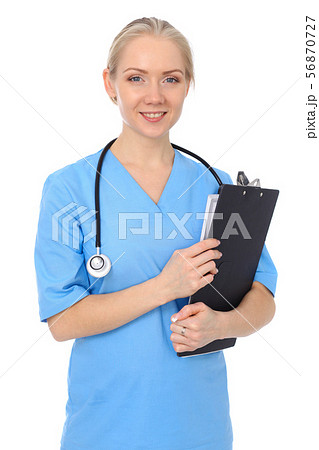 Doctor woman or nurse isolated over white background. Cheerful smiling medical staff representative 56870727