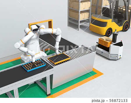 協働型双腕ロボットが生産ラインにモータコイルを組み立てている 協働ロボットのコンセプトのイラスト素材