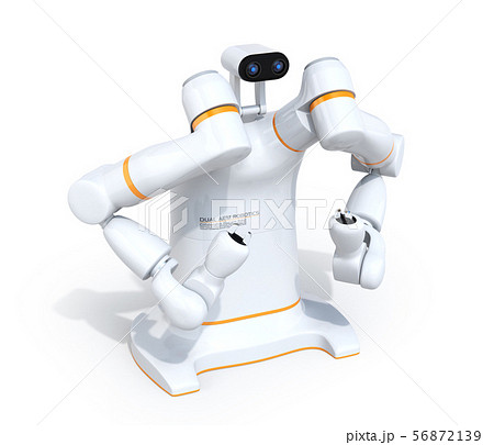 白バックに双腕ロボットのイメージ。協働ロボットのコンセプト。オリジナルデザイン 56872139