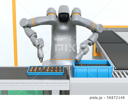 モータコイルを組み立てている双腕ロボットの正面イメージ。協働ロボットのコンセプト 56872146