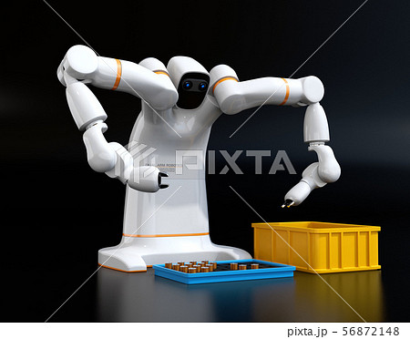 黒バックに多関節双腕ロボットのイメージ。協働ロボットのコンセプト 56872148