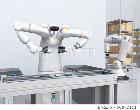 基板を組み立てている双腕ロボットと部品補給ロボットアームのイメージ。協働ロボットのコンセプト 基板を組み立てている双腕ロボットと部品補給ロボットアームのイメージ。協働ロボットのコンセプト 56872151