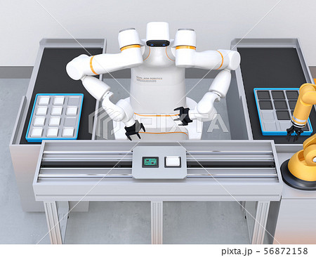 基板を組み立てている双腕ロボットと部品補給ロボットアームのイメージ 協働ロボットのコンセプトのイラスト素材