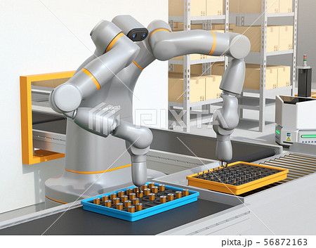 基板を組み立てている双腕ロボットのイメージ。協働ロボットのコンセプト 基板を組み立てている双腕ロボットのイメージ。協働ロボットのコンセプト 56872163