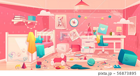 Little Girl Messy Bedroom Cartoon Vector Interiorのイラスト素材