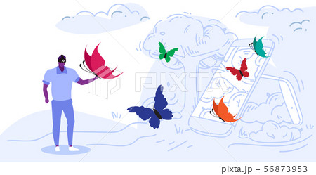 man wearing digital glasses african american guy touching vr flying butterfly from smartphone screen man wearing digital glasses african american guy touching vr flying butterfly from smartphone screen 56873953