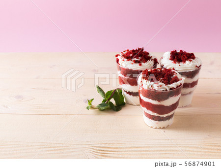Homemade cake dessert. Trifle on pink background 56874901