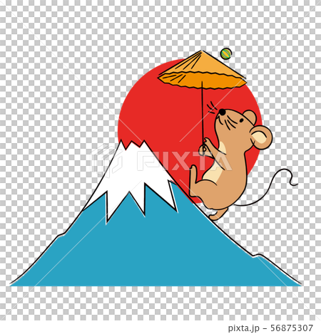 富士山の上で傘回しをするネズミのイラストのイラスト素材