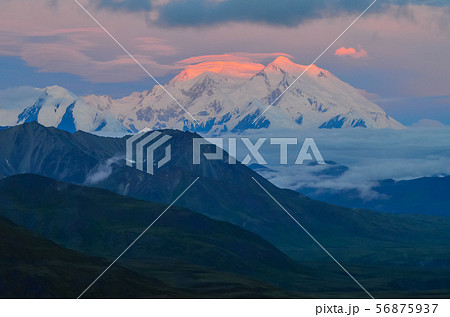 Sunrise view of Mount Denali - mt Mckinley peak with red alpenglow from Stony Dome overlook. Denali 56875937