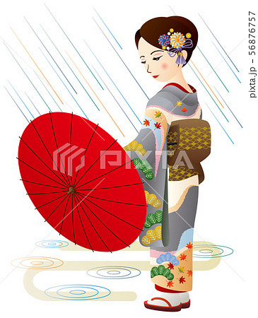 雨と着物の女性のイラスト素材