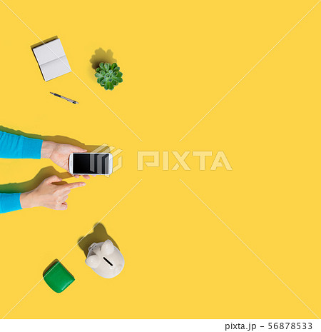 Person using smartphone with piggy bank Person using smartphone with piggy bank 56878533