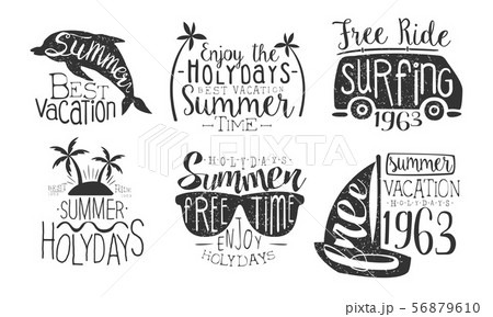 Enjoy Summer Holidays Retro Labels Set, Best Vacation, Free Ride Surfing Hand Drawn Badges Vector 56879610