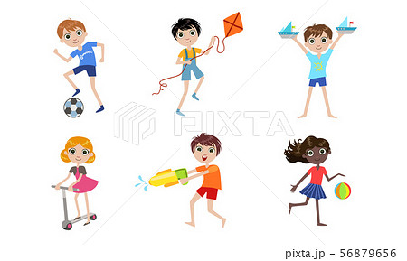Summer Kids Outdoor Activities Set, Boys and Girls Playing with Toys, Riding Kick Scooter Vector 56879656